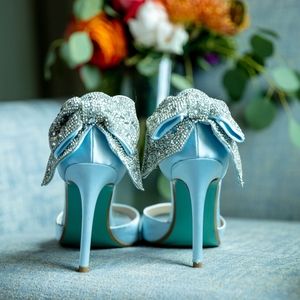 Satin Peep Toe Stiletto Pumps with Rhinestone Bow 